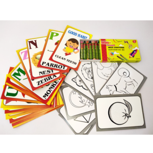 Alphabet Flash Cards With Drawings & Crayon Colour Set